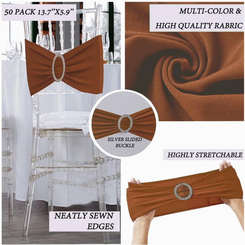 JFDYDM Terracotta Chair Sashes 50 Pack, Spandex Burnt Orange Chair Bands for Halloween Party Wedding Folding Chairs Decor, Elastic Chair Bows Ties with Buckle - Image 4